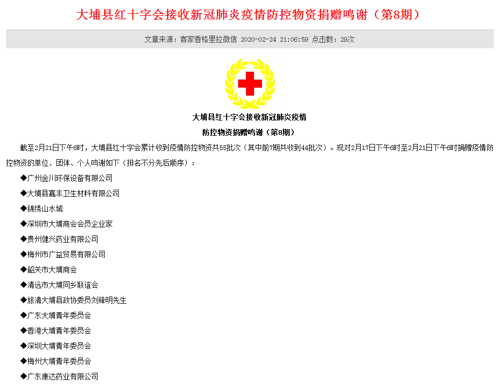 金川給大埔縣紅十字會(huì)、蕉嶺縣紅十字會(huì)等捐贈(zèng)消毒液用于疫情防控